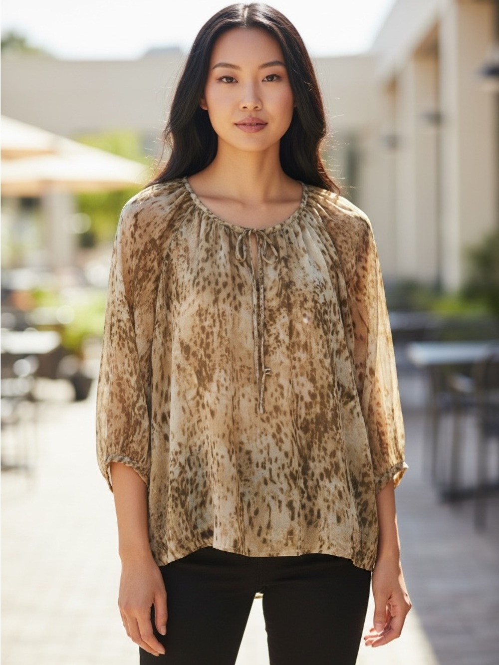 Club Monaco Sheer Tan and Brown Printed Peasant Blouse